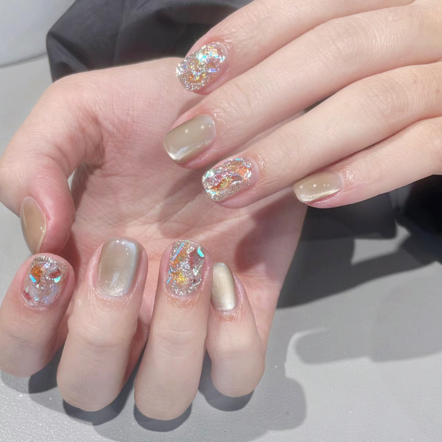 丝绸精灵极光钻猫眼手工穿戴甲blingbling美甲贴裸色晶石假指甲片