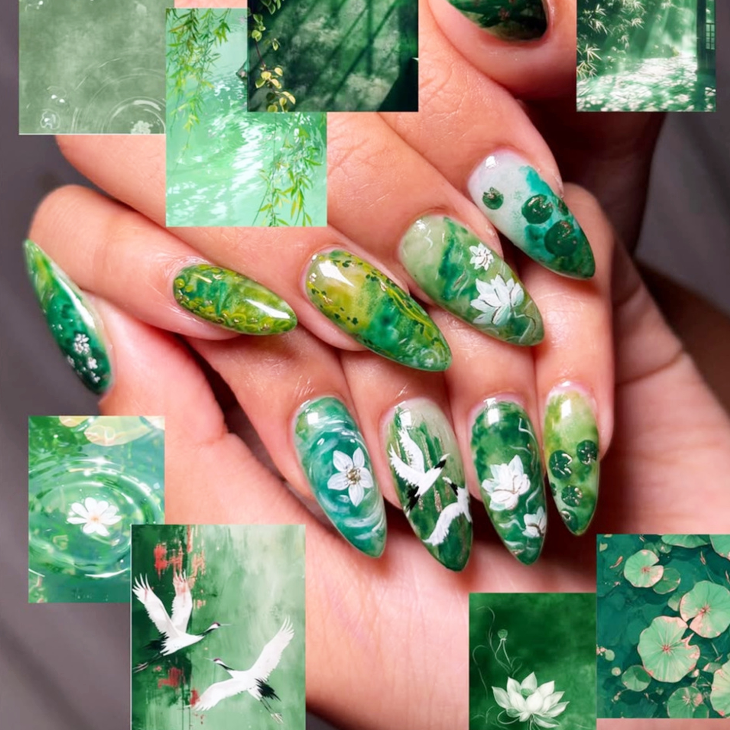 古风鹤影青莲穿戴甲绿色森系荷花假指甲舞蹈拍照国风汉服美甲贴片