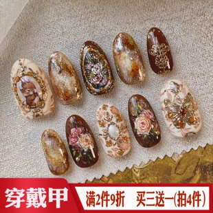 琥珀晕染玫瑰花卉穿戴甲跨境欧美秋冬氛围美甲贴杏仁尖头假指甲片