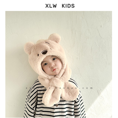 秋冬季加厚防风围巾一体儿童帽子