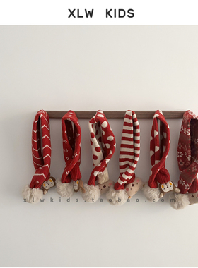 新年红色~儿童针织围脖韩男女童保暖加厚毛线交叉巾撞色卡通围脖