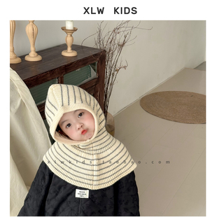 条纹风儿童帽子围巾一体帽宝宝连脖帽秋冬女童毛线男童护耳套头帽