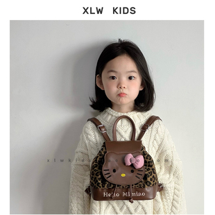 ins风小巧黑皮kt猫儿童双肩包可爱女童复古豹纹外出游玩洋气背包