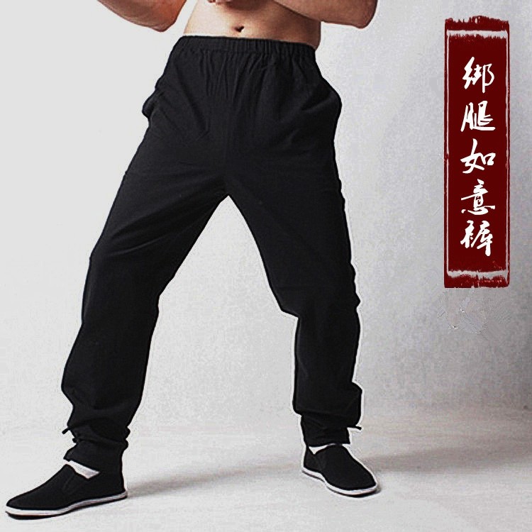 中式麒麟如意裤纯棉粗布唐装裤子男士春秋居士服汉服功夫松紧长裤