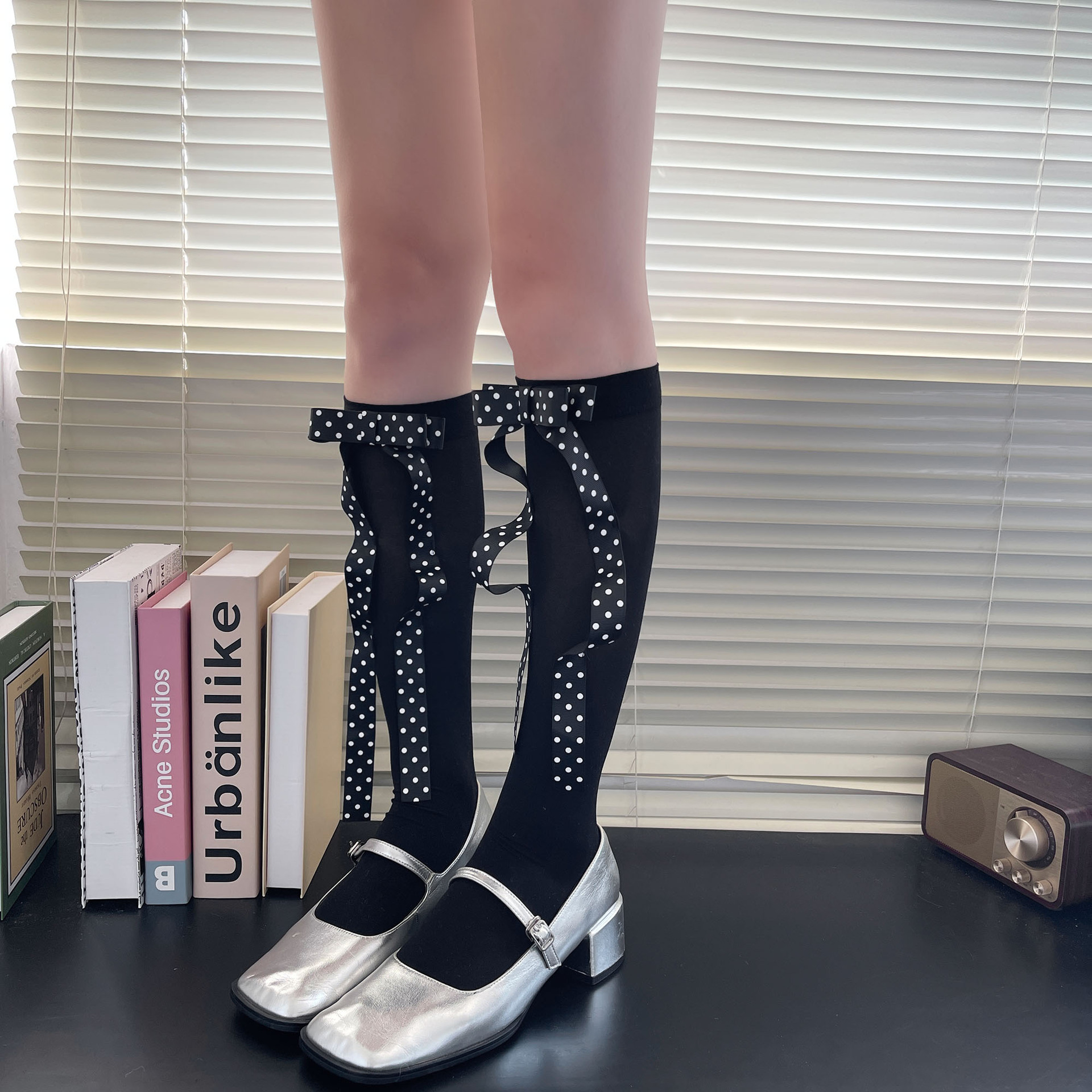 3D立体感波点蝴蝶结小腿袜