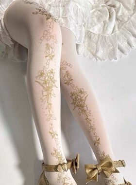 Lolita少女金色印花超薄连裤袜