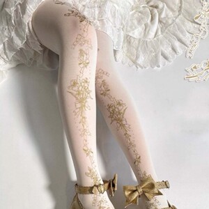 Lolita少女金色印花超薄连裤袜