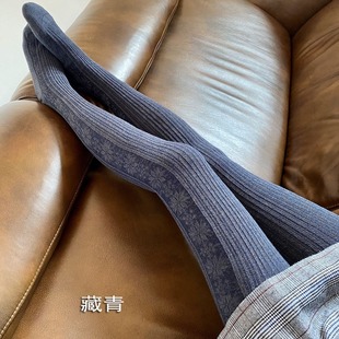 袜女针织打底袜 秋冬日系复古棉混显瘦双针雪花竖条纹提花保暖连裤