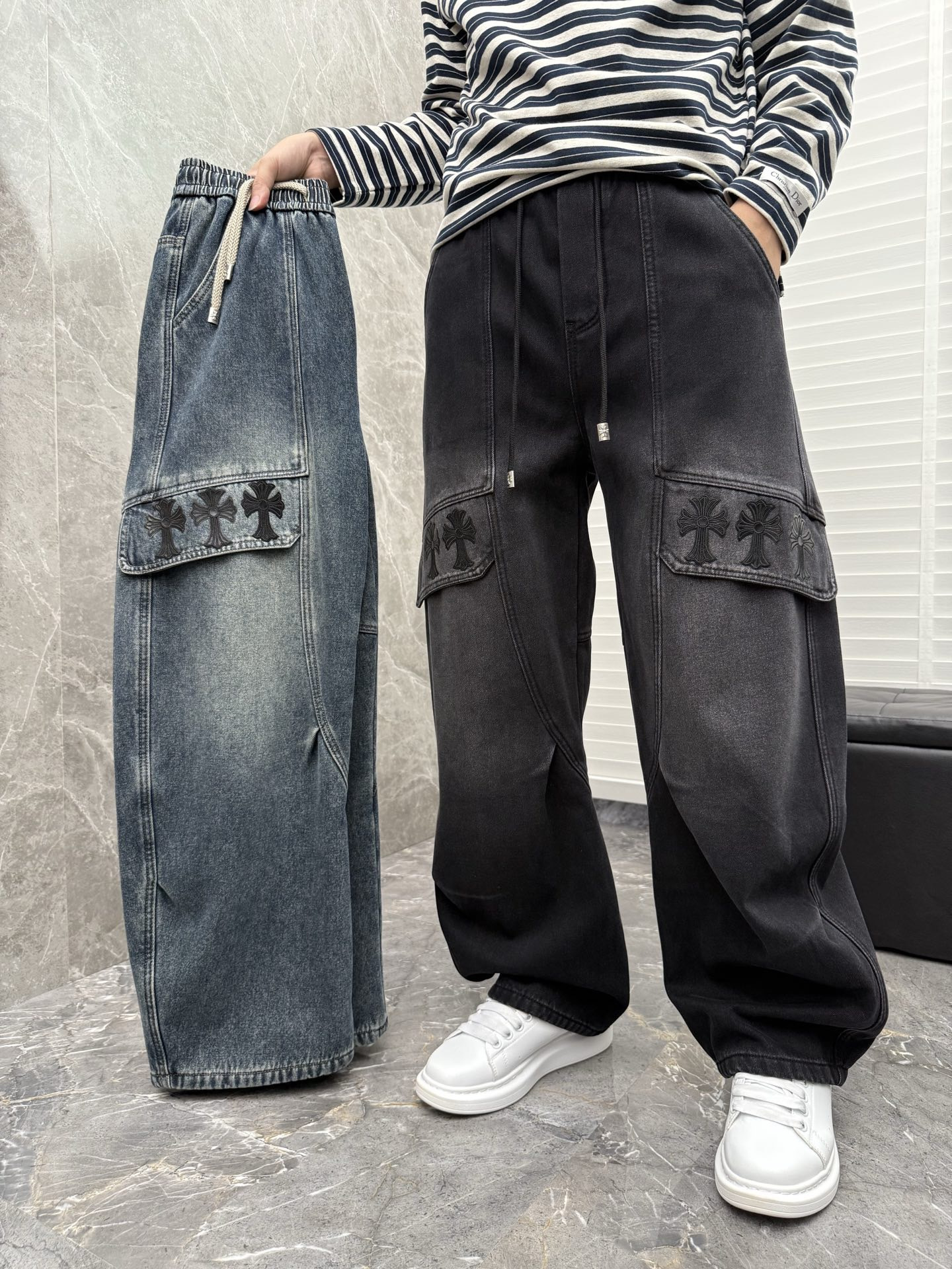 2025秋冬新款潮牌CH宽松加绒牛仔裤时尚百搭休闲弯刀裤