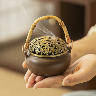 茶道仿古檀香盘香道檀香炉 提梁复古陶瓷香薰炉摆件家用室内新中式