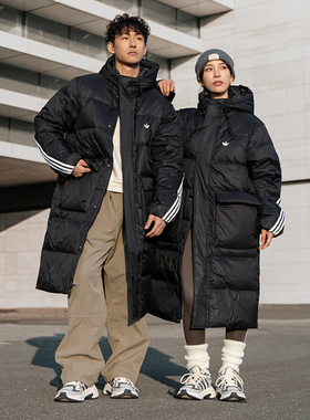 阿迪达斯三叶草2026新款保暖情侣长款运动宽松连帽羽绒服KC2564