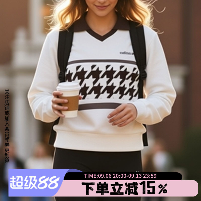 阿迪达斯三叶草女装冬季新款复古千鸟格短款宽松小翻领卫衣套头衫