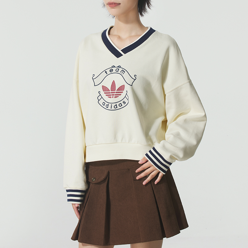 阿迪达斯三叶草女款休闲V领卫衣