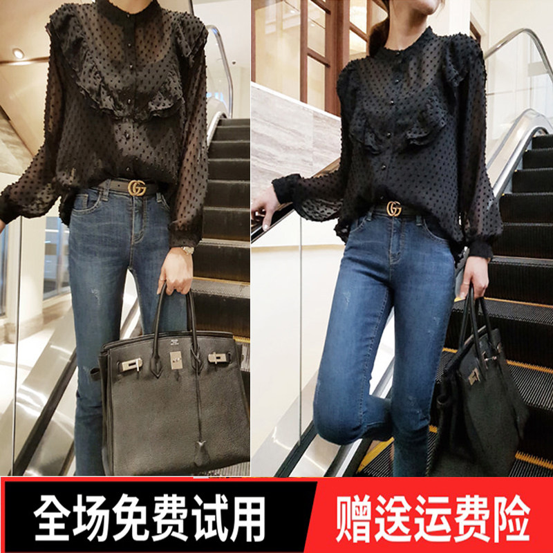 黑色雪纺衬衫两件套2023秋季新款女荷叶边立领修身显瘦百搭上衣潮