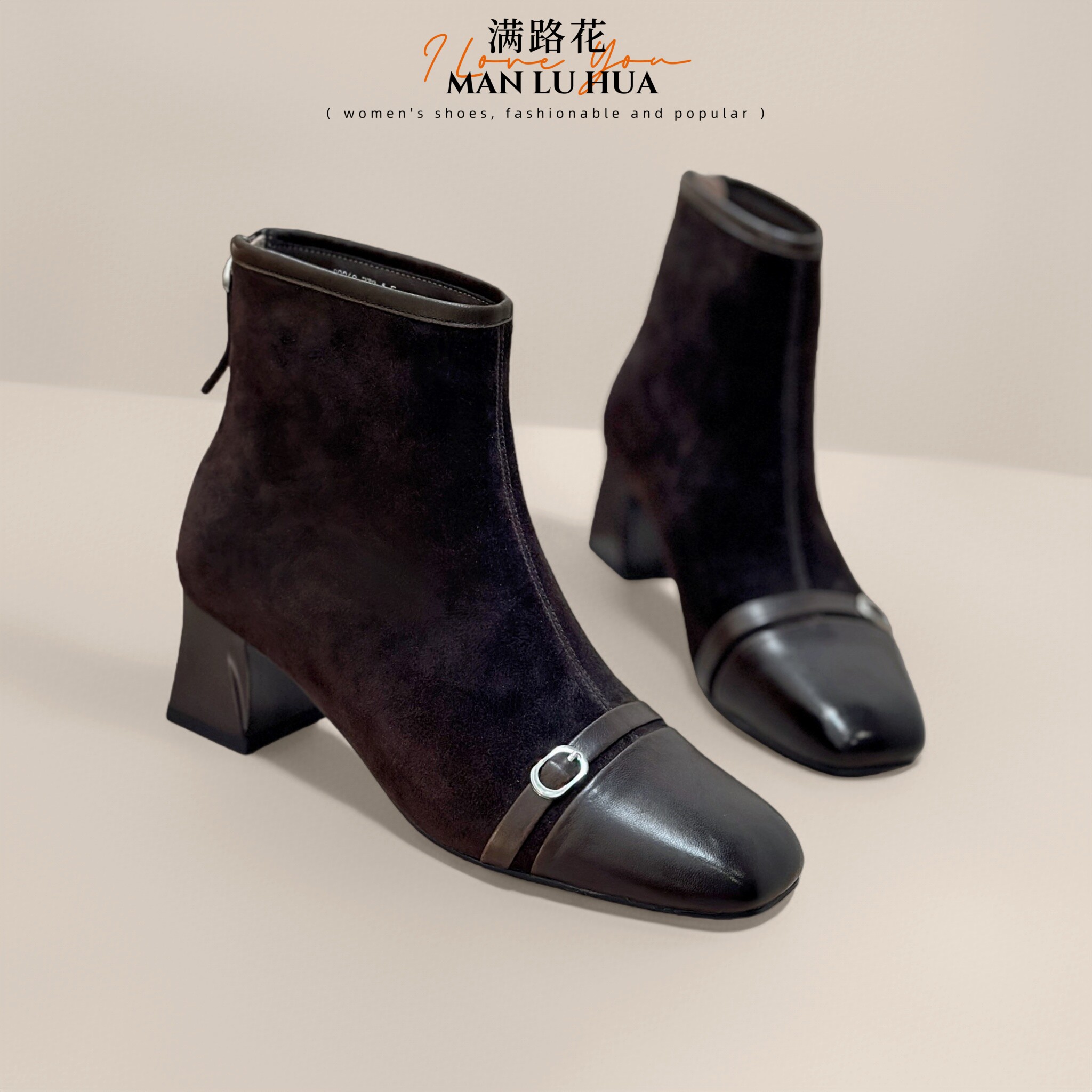 头层羊皮真皮短靴女粗跟中跟方头气质加绒冬季绒里新款法式百搭,女鞋,时装靴,淘宝优惠券,粉丝福利购,淘宝优惠卷