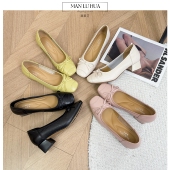 甜美蝴蝶结中跟粗跟单鞋 夏季 舒适 浅口单鞋 方头时尚 新款 真皮女鞋