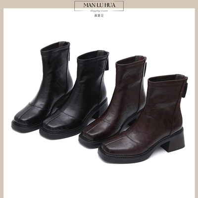2025新款短靴女真皮厚底粗跟方头瘦瘦靴弹力靴软皮复古后拉链秋冬