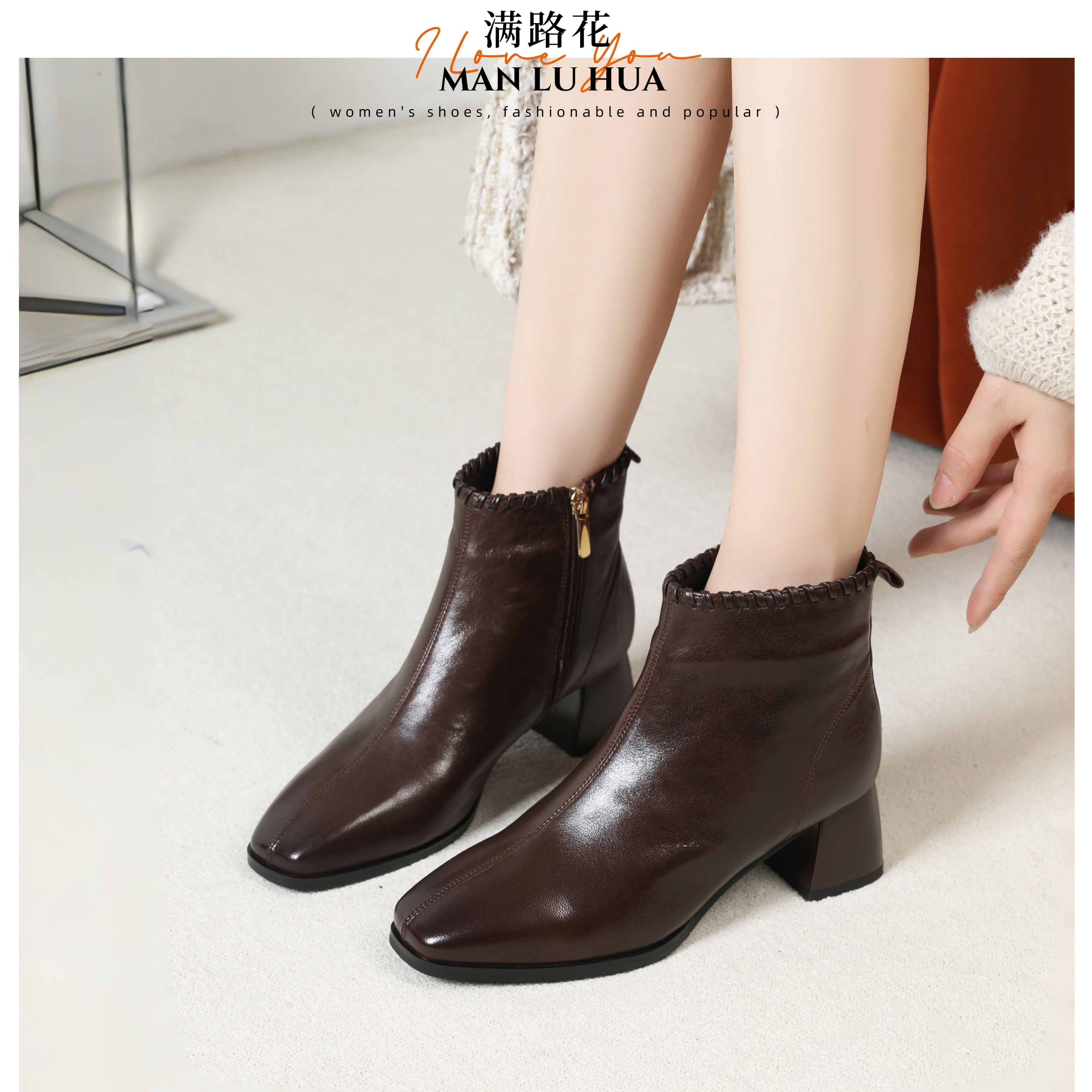 头层羊皮法式方头粗跟短靴女真皮侧拉链复古百搭时装靴舒适加绒,女鞋,时装靴,淘宝优惠券,粉丝福利购,淘宝优惠卷