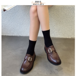 头层牛皮复古英伦风皮带扣乐福鞋女棕色百搭小皮鞋单鞋通勤学院风