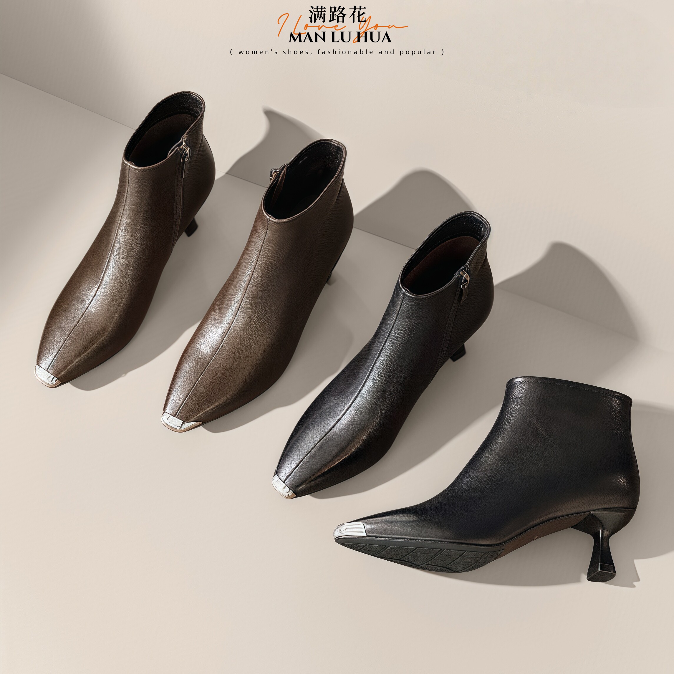 头层羊皮法式真皮尖头短靴女细跟百搭气质踝靴时装靴加绒中跟舒适