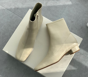 真皮 软羊皮 外贸新品 侧拉链方头女短靴粗跟好穿羊皮切儿西女靴子