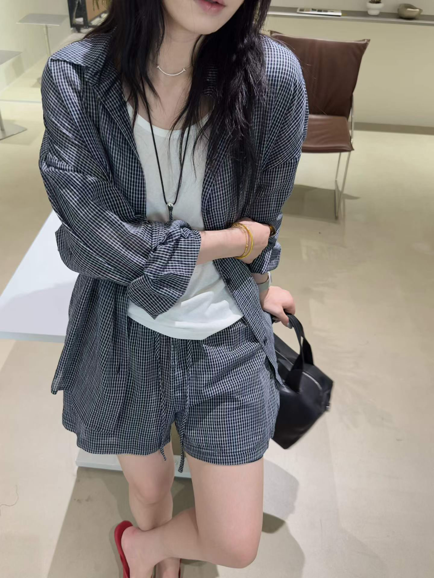 2026新款翻领格子衬衫+高腰半身裙两件套显瘦百搭套装欧诗尚3965