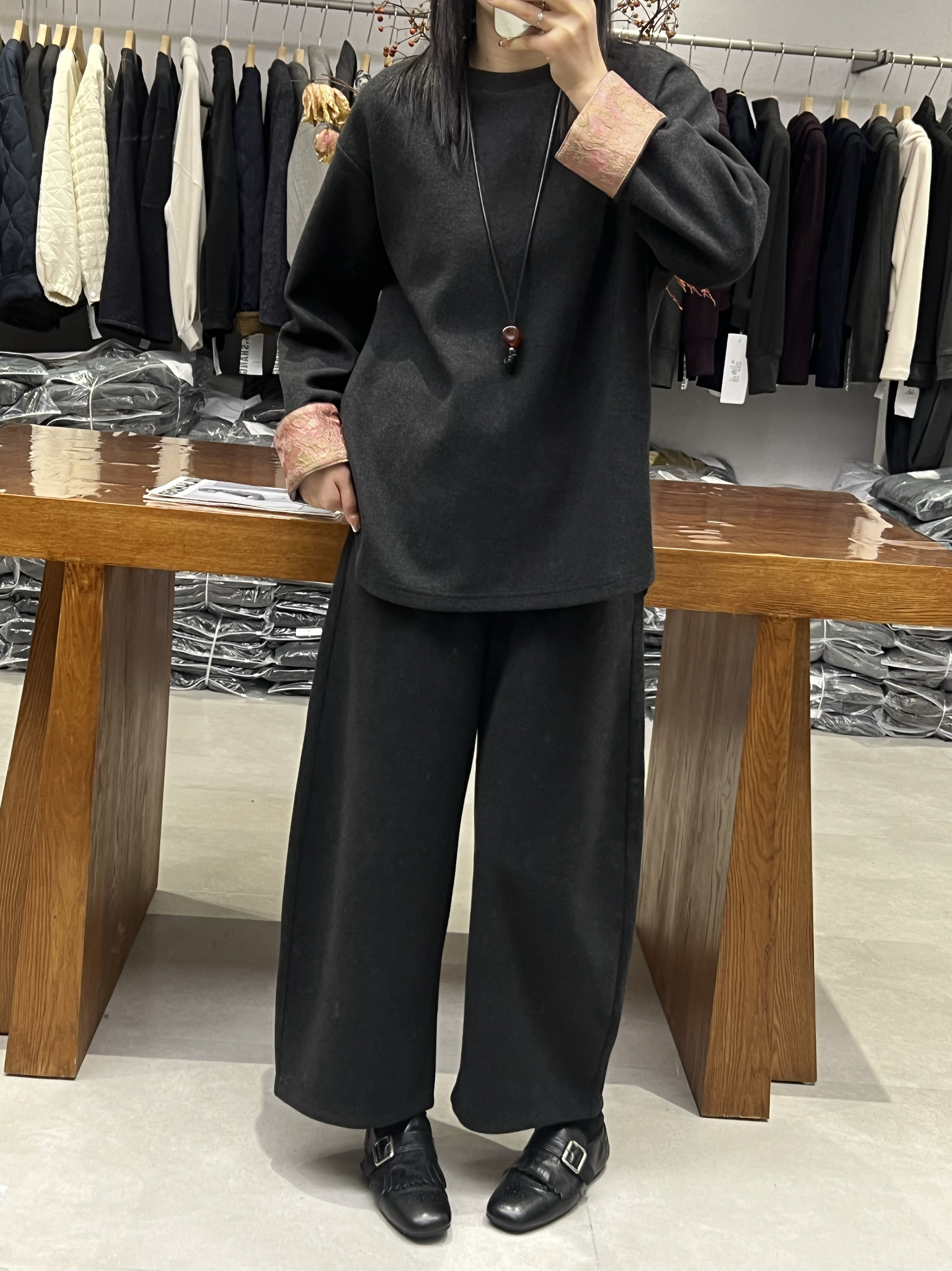 2025冬新款韩版宽松显瘦百搭圆领拼接国风短款羊毛套装欧诗尚3831