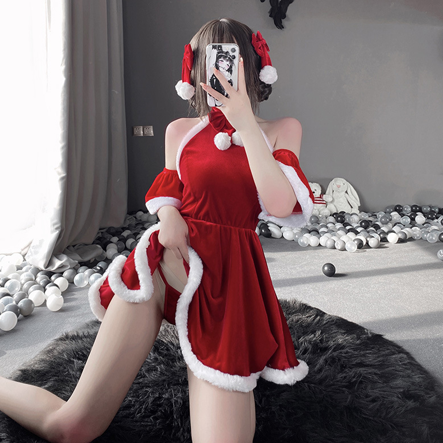 网红主播圣诞节服装红色性感露背连衣裙夜场舞台演出服新年派对装