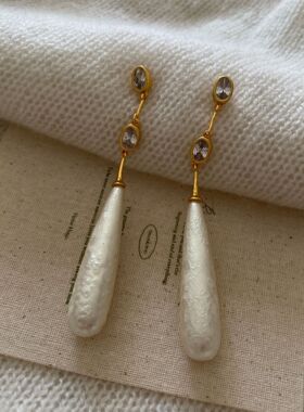 法式复古大气温婉棉花珠锆石耳坠银针轻奢小众感气质长款耳饰