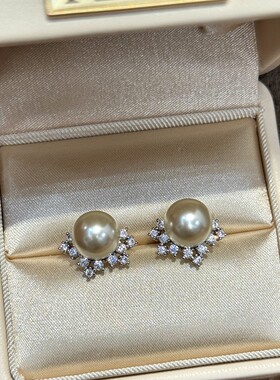 s925精工银针闪锆施家珍珠众星捧月耳钉女优雅气质小众时尚耳饰