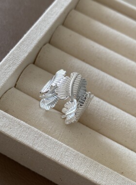 欧美时髦 ins风金属树叶开口戒指老钱风小众感羽毛造型食指戒