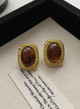 美拉德金属树脂耳钉s925银针铜镀金法式复古轻奢感气质耳饰女