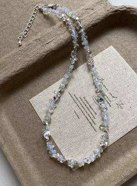 小清新甜美时尚天然石项链不规则天然白水晶仙女风碎银子锁骨链女