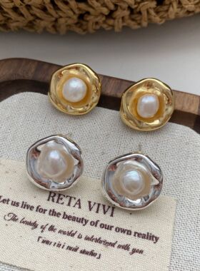 简约金属镶嵌天然珍珠耳钉s925银针极简风气质小众设计感耳饰