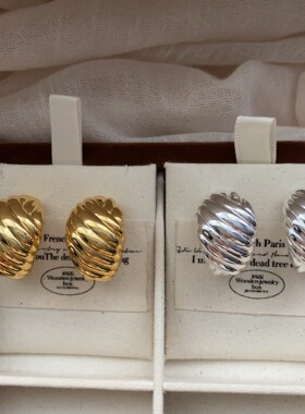 椭圆金属螺纹耳环时髦圆球牛角包耳钉耳饰个性简洁轻奢感