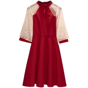 RM20601#大码套头网纱拼接套头拼接圆领纯色中腰a字裙