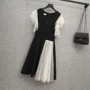 RM12438#胖MM网纱拼接气质修身显瘦连衣裙