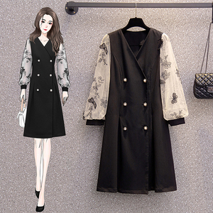 RM20602#早秋大码女装时尚修身纽扣修身套头蝴蝶网纱拼接连衣裙