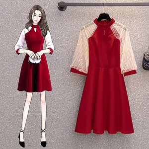 RM20601#大码套头网纱拼接套头拼接圆领纯色中腰a字裙