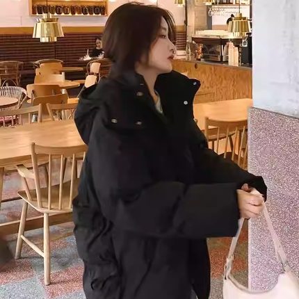 黑色连帽羽绒棉服女短款2024冬季新款宽松加厚棉袄小个子棉衣外套