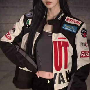 美式赛车骑行机车服外套女国潮ins复古盐系炸街夹克棒球服上衣潮