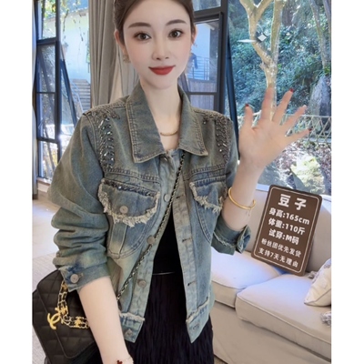 复古毛边镶钻牛仔外套女