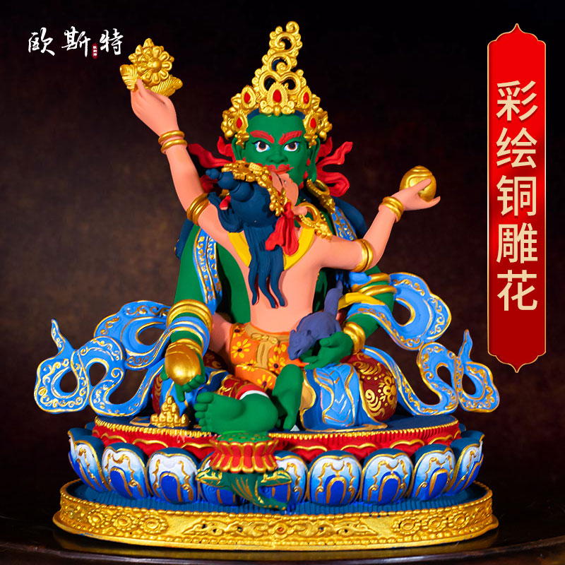 彩绘绿财神铜像桌面摆件