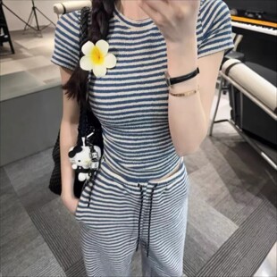 两件套装 T恤阔腿裤 条纹短袖 早春韩系穿搭一整套2026超火减龄时尚