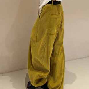 女2025秋冬推荐 牛X货 巨炸裂 黄色灯芯绒休闲裤 子 垂感显瘦阔腿裤