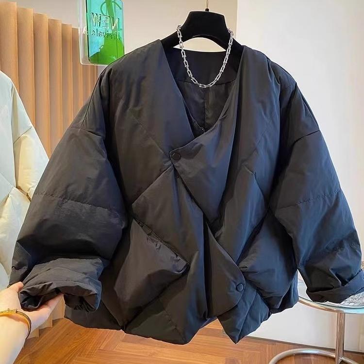 欧货高级设计感小众宽松A字版V领羽绒服女冬季2024新款白鸭绒外套