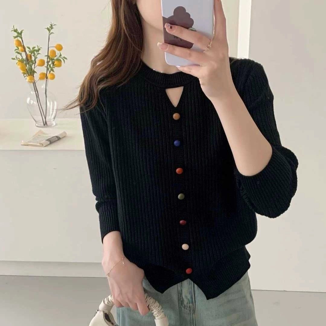 ins超火穿搭早秋长袖针织衫假式开衫打底衣韩系姐系黑色贵感上衣