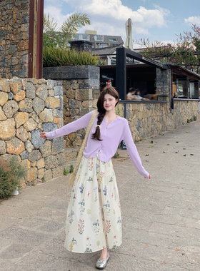 小红书同款夏季温柔法式甜美碎花A字褶皱半身裙紫色开衫两件套