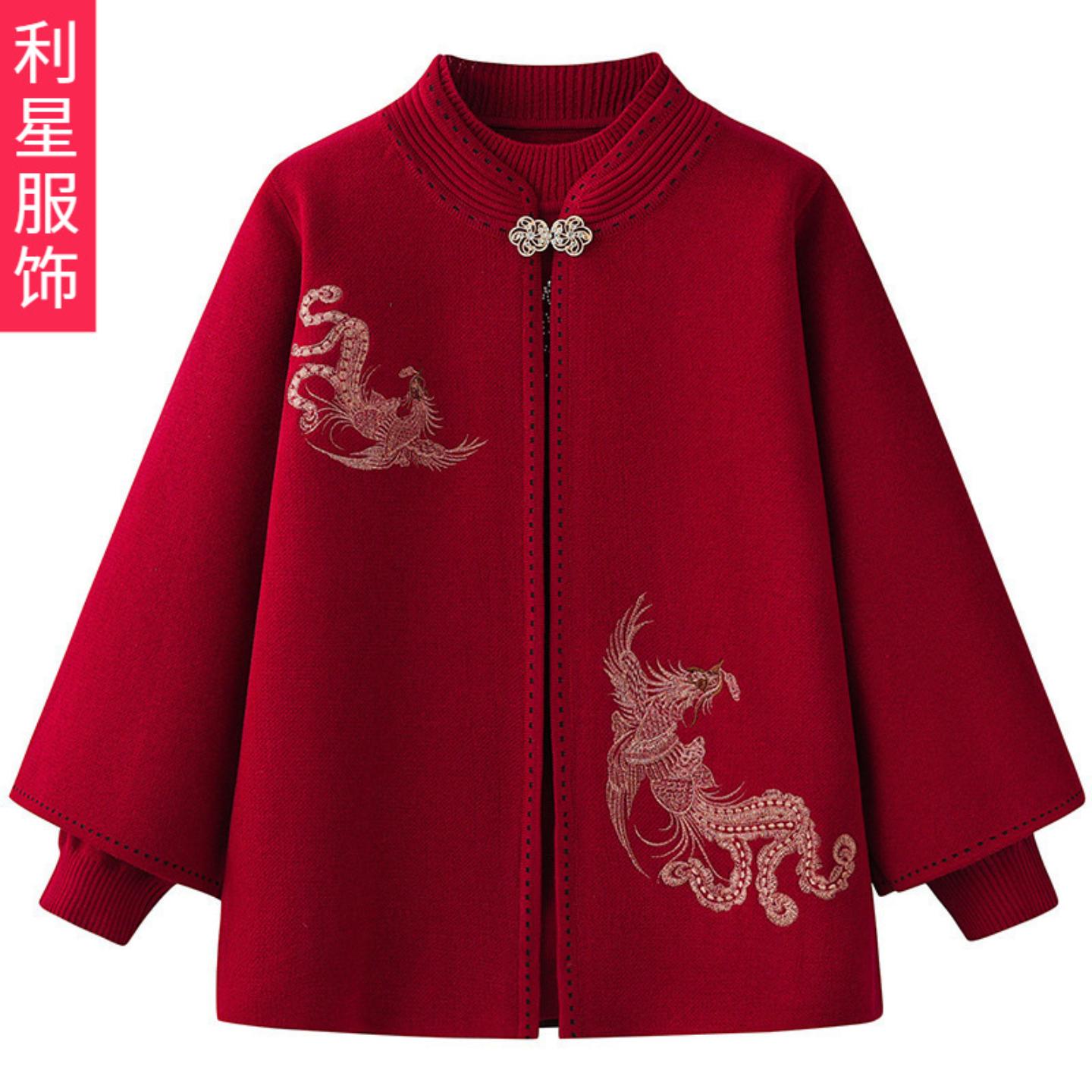 中老年人妈妈装秋冬装刺绣外套女