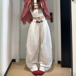 显瘦白色高腰直筒休闲夏季 衣服 垂感运动百搭复古薄款 甜美可爱风格